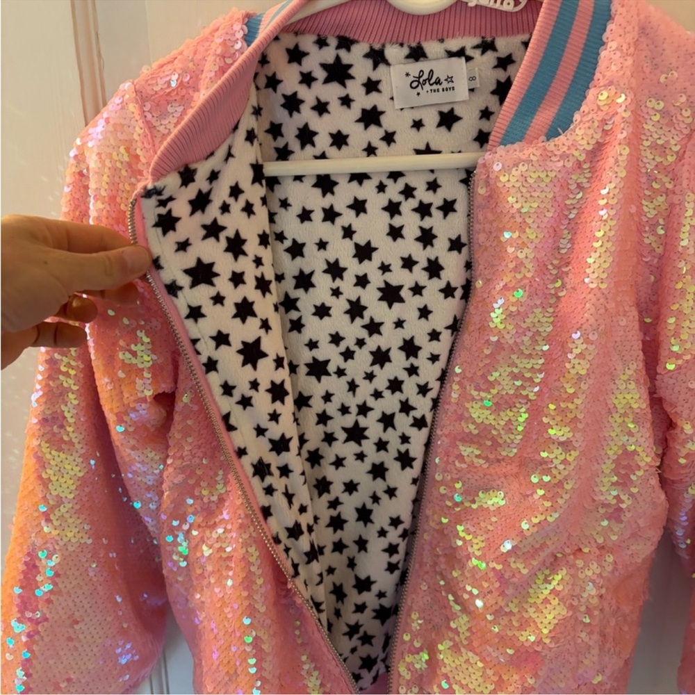 Lola + The Boys Pink Sequin Jacket with Blue Trim size 8 - Picture 4 of 6